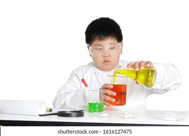 Elementary school boys wear white clothes, doing science experiments in the laboratory. Concept of child education development. isolated