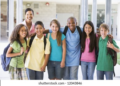 Elementary School Class With Teacher Outside