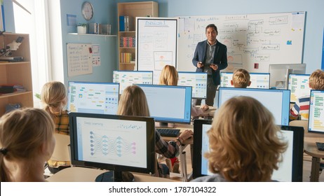 Elementary School Computer Science Class: Teacher Uses Digital Tablet, Explains Lesson to Diverse Group of Smart Children. Kids getting Modern Education, Learn Internet Safety, Software Programming