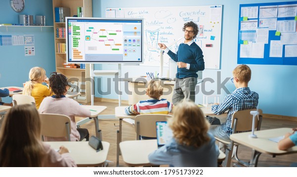 Elementary\
School Computer Science Teacher Uses Interactive Digital Whiteboard\
to Show Programming Logics to a Classroom full of Smart Diverse\
Children. Computer Class with Kids\
Listening