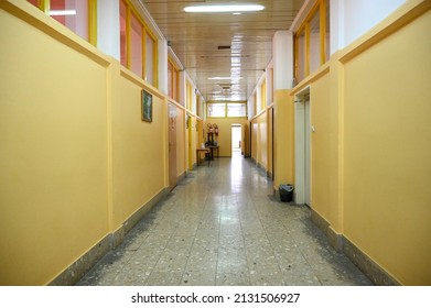 Elementary School Interior. Empty School Passage. School Corridor. Hallway. Education. Inside School.