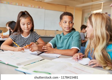 Elementary School Kids In Class Working Together At A Desk