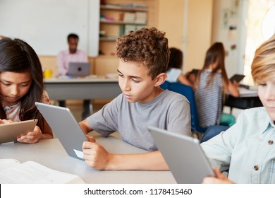 Elementary School Kids Using Tablet Computers In Class