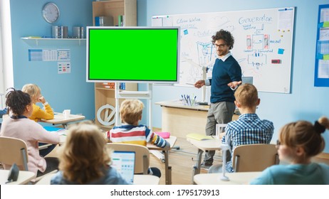 Elementary School Physics Teacher Uses Interactive Digital Whiteboard With Green Screen Mock-up Template. He Leads Lesson To Classroom Full Of Smart Diverse Children. Science Class With Kids Listening