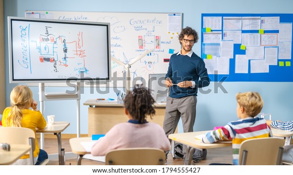 Elementary\
School Physics Teacher Uses Interactive Digital Whiteboard to Show\
to a Classroom full of Smart Diverse Children how Renewable Energy\
Works. Science Class with Kids\
Listening