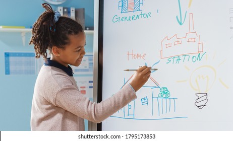 Elementary School Science Class: Portrait Of Cute Girl Uses Interactive Digital Whiteboard To Show To A Full Classroom How Renewable Energy Works. Science Class, Curious Kids Listening.