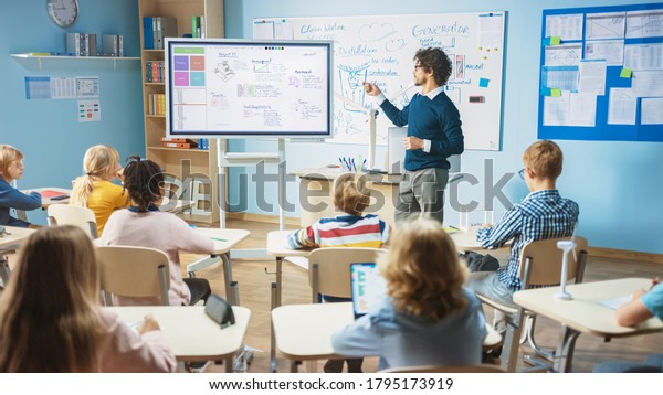 Elementary School Science Teacher Uses\
Interactive Digital Whiteboard to Show Classroom Full of Children\
how Software Programming works for Robotics. Science Class, Curious\
Kids Listening\
Attentively