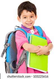 Elementary School Student Carrying Notebooks - Isolated Over A White Background