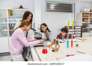 Elementary school students and teacher performing a scientific experiment using a microscope in the school chemistry laboratory
