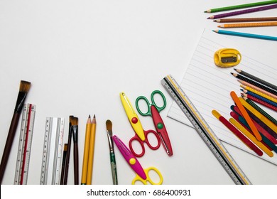 Elementary School Supplies Stationery On White Background