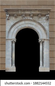 Elements of architectural decorations of buildings, arches and columns, door and window openings. On the streets in Catalonia, public places.