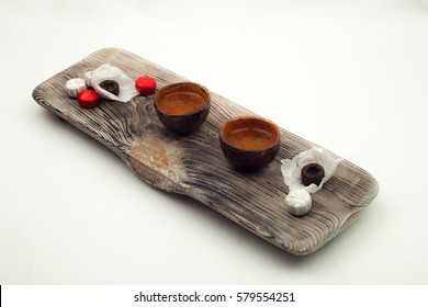 Elements Of Chinese Tea Ceremony On A White Background, Chinese Tea And Ceramic Cup, Wooden Plate, Asian Tradition, Asian Tea Party