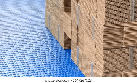 Elements of corton boxes are collected in stack. Conveyor line for the production of boxes. Machine cuts cardboard boxes from sheets of cardboard. Enterprise for the production package.