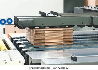 Elements of corton boxes are collected in stack. Conveyor line for the production of boxes. Machine cuts cardboard boxes from sheets of cardboard. Enterprise for  production package.