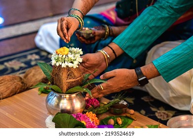 Elements In Engagment. Hands In Hindu Worship Ceremony And Rituals With Coconut. Maharashtra Ceremony