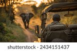 Elephant Encounter on Safari Road, A close encounter with an elephant on a safari at dusk, as viewed from inside a jeep
