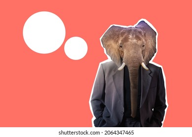 Elephant with a human body on red background. Collage on theme of human character. Elephant as a metaphor for a stubborn and clumsy person. Stubborn man in a jacket. Stubborn businessman.