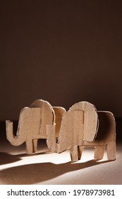 Elephant Made Of Cardboard On A Dark Background. Children Art Project. DIY Concept. Cardboard Craft.