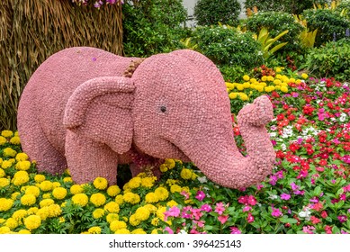 Elephant Sculpture Made Of Flower In Garden