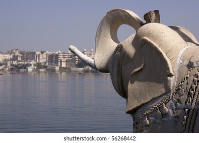 Elephant sculpture on the palace island in Lake Pichola