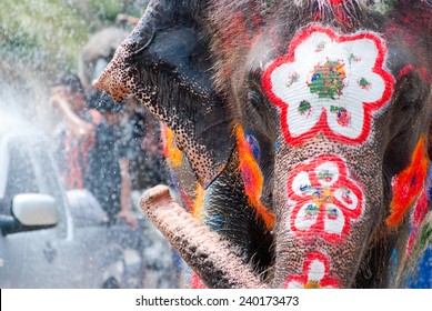 Elephant splashing water during Songkran Festival on Apr 14, 2014 in Ayutthaya, Thailand. Initiated by Tourism Authority of Thailand, elephants take part in the festival to give revelers more fun.