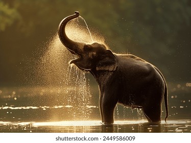 An elephant standing in the water, spraying its trunk with its mouth to cool down. The background is an Indian river or lake, with sunlight shining on it and creating ripples around him. 