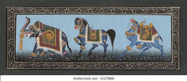 Elephants Miniature Painting On Silk From India