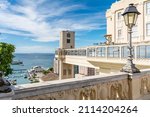 Elevador Lacerda (elevator) and Todos os Santos Bay on a sunny summer day at Salvador, Bahia. Historic architecture in Brazil