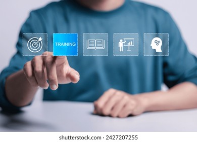 Elevate skills with Training Webinar E-learning. Person touch training icon on virtual screen. Educational technology.