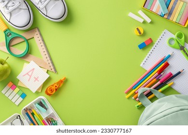 Elevate your educational materials with this top view photograph showcasing a backpack, sneakers and office supplies on light green background. Ideal for promotional purposes and text placement