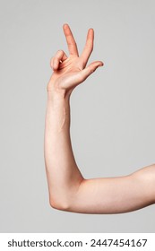 Elevated Bare Human Arm Bent at the Elbow Against a Neutral Background