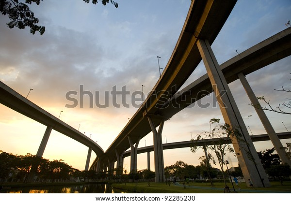 elevated express way at\
sunset