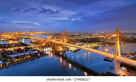 Elevated Expressway. The Curve Of Suspension Bridge, Thailand, HDR Images.
