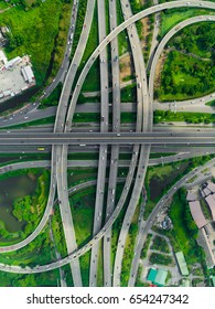 Elevated Expressway. The Curve Of Suspension Bridge, Thailand. Aerial View. Top View. Background Scenic Road.