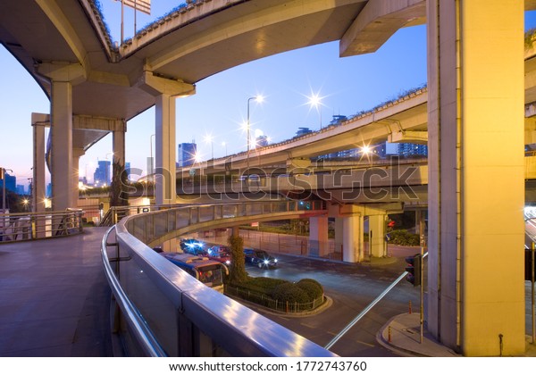 Elevated freeways in the\
intersection of Yan An Road and Chongging, Shanghai, China,\
Asia