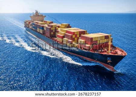 Elevated front view of a loaded container cargo ship traveling over the ocean with speed