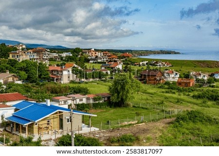 Elevated high-angle panoramic view from village of Sinemoretz, Black Sea shores, Bulgaria, Europe, EU, popular summer vacation destination