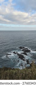 Elevated Image And Cliffside View Of Deep Blue Ocean, Coastal Rocks And Vegetation, Blue And Cloudy Sky At Sunset With Horizon In Background. Vertical Orientation With Copy Space