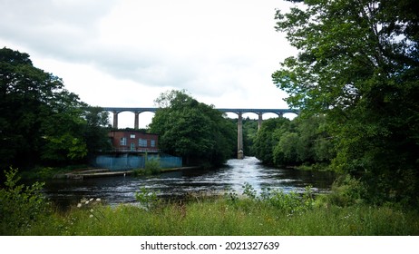 Elevated Pontcysyllte Aqueduct, as seen from a distance in nature. It is the highest canal aqueduct in the world. Landscape photo.
