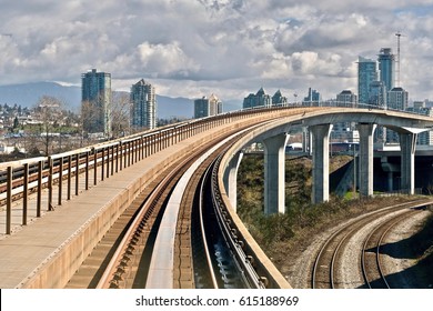 Elevated Rail Road Of Urban Public Transit System. Skytrain. Vancouver. British Columbia. Canada.