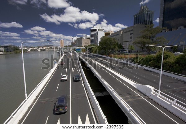 Elevated road network beside the Brisbane River\
in Australia