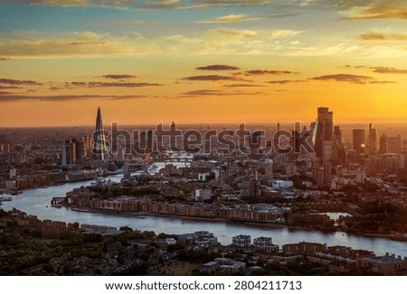 Elevated summer sunset view of the skyline of London, England