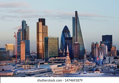 Elevated view of the City of London at dusk