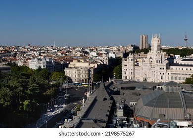 Elevated View Of The City Of Madrid From The Terrace Of The Círculo De Bellas Artes Building. Plaza De Cibeles, Palacio De Cibeles, Torre España And Bank Of Spain