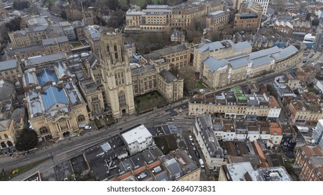 Elevated view of Bristol’s cityscape featuring the iconic Wills Memorial Building, surrounding university architecture, and a mix of historic and modern urban structures.
