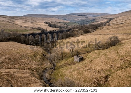 elevated view of dent head viaduct and ruined stone barn on settle to carlisle railway