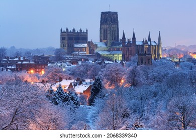 Elevated View of Durham Cathedral on a Frosty Evening, Durham City, County Durham, England, UK.