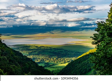 Elevated view of floor of Ngorongoro Crater from the southern edge of the crater.  Looking toward Lerai Forest and the alkaline crater lake, Lake Magadi, with clouds covering the rim on other side.