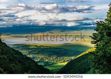 Elevated view of floor of Ngorongoro Crater from the southern edge of the crater.  Looking toward Lerai Forest and the alkaline crater lake, Lake Magadi, with clouds covering the rim on other side.