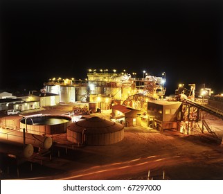 Elevated View Of Gold Mine Processing Plant At Night